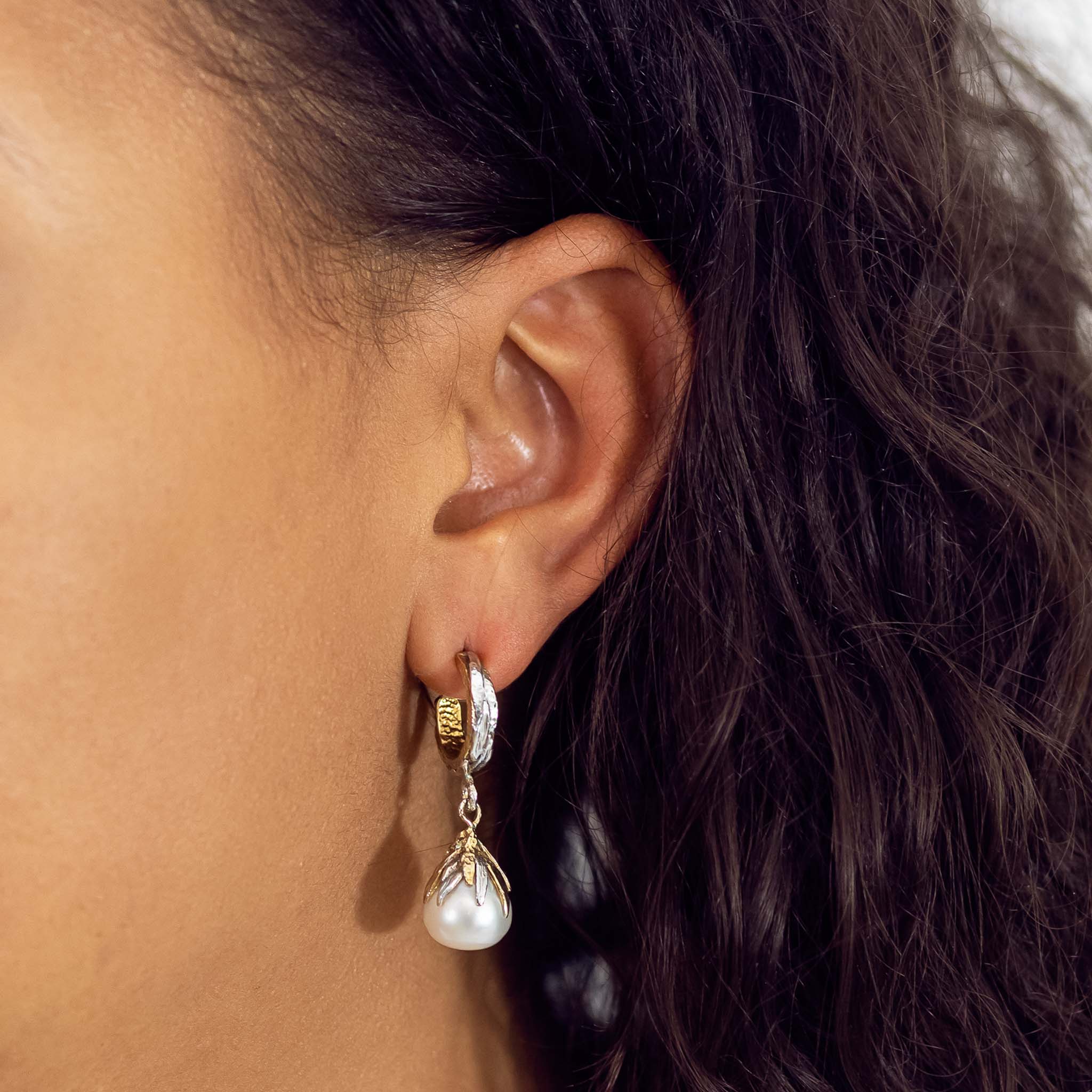 Natural Pearl Silver and Gold Vermeil Hoop Earrings